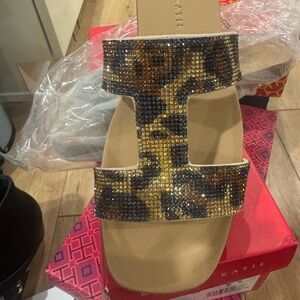 Kelly & Katie Leopard Print Sandals with Gold and Black Accents
